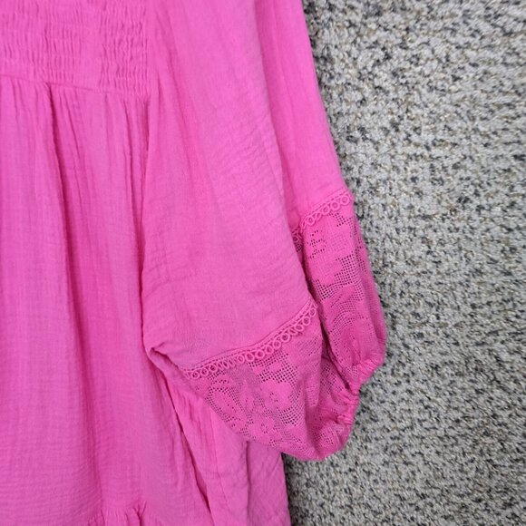 UMGEE Top Womens Small Pink Smocked Peasant Blouse Neck Tie Casual Ladies - Picture 3 of 7